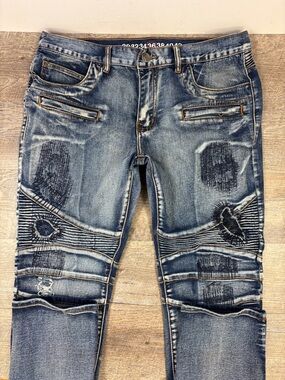 Denim House Moto Biker Jeans | Distressed Patchwork Stretch Denim | Size 36